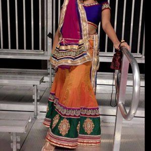 Silk Indian lehenga in orange, indigo, violet